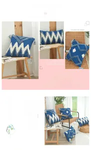 Détail de la housse de coussin en coton bleu avec motifs touffetés et glands nordiques