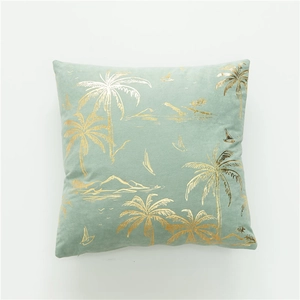 Sage green sherpa pillow cover with metallic gold palm tree pattern and seaside scene