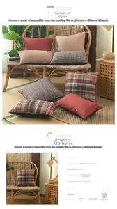 Housses de coussin en lin à carreaux rouges et verts sur un banc en rotin naturel