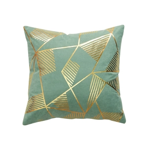 Sage green velvet pillow cover with geometric gold foil patterns for sofa decor