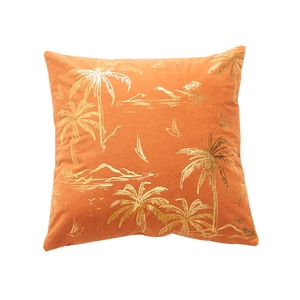 Burnt orange velvet throw pillow cover featuring golden tropical palm and sailboat prints