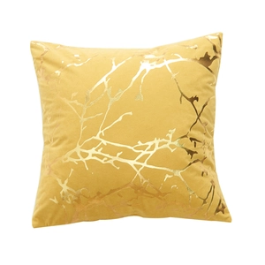 Modern square yellow lamb wool pillowcase with luxury gold foil geometric branch pattern
