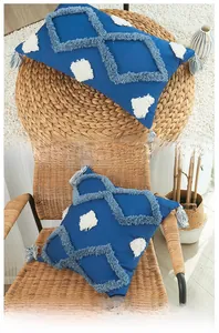 Gros plan détaillé d'une housse de coussin bleue avec broderies et glands doux