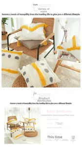 Detail of bohemian cotton pillow cover with tufted geometric patterns and tassels