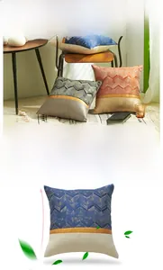 Close-up of Nordic style cushion cover with gold ribbon and geometric jacquard texture