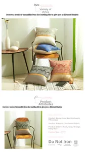 Detailed view of Nordic geometric patchwork cushion cover with gold stripes in 45x45cm size