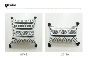 Detail of Nordic Moroccan cushion covers with black geometric patterns and corner tassels