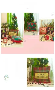 Detail of Christmas pillow cover with red pom-pom trim and festive holiday patterns