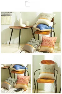 Detail of Nordic patchwork pillowcases with geometric patterns and gold ribbon accents