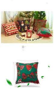 Detail of Christmas pillow covers with red pom-pom trim and festive holiday patterns