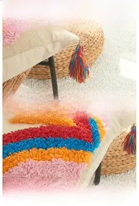 Détails de la texture touffetée colorée et des pompons tissés sur une housse de coussin