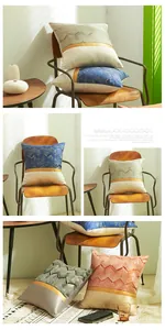 Nordic patchwork cushion cover detail with herringbone weave and orange satin ribbon accents