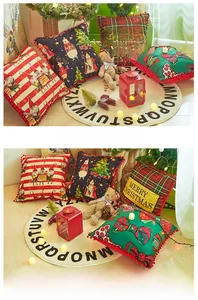 Set of four velvet Christmas cushion covers with pompom edges and festive gnome patterns