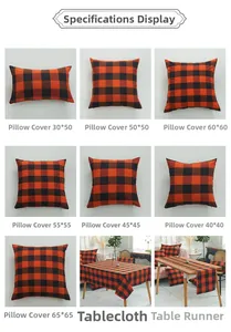 Halloween orange and black buffalo plaid pillowcases, tablecloth, and table runner set