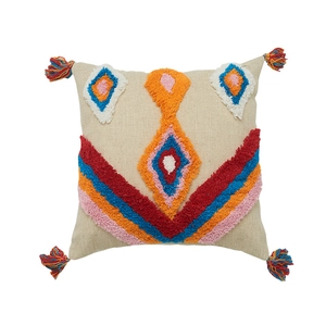 Housse de coussin bohème en coton avec motifs géométriques touffetés et glands colorés