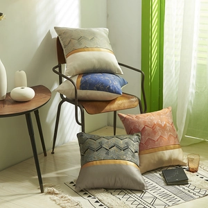Nordic minimalist pillow cover with gold stripe splicing in grey, blue, and orange
