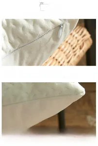 Close-up of invisible zipper and overlock stitching on beige embossed pillow cover