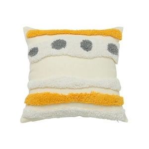 Bohemian cotton tufted pillow cover with yellow fringe and geometric embroidery patterns