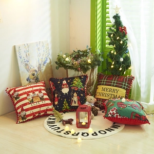 Christmas Throw Pillow Case Pompom Edge Santa Claus Red Plaid Striped Decorative Cushion Cover For Sofa Home Holiday Decor