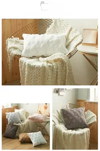 Close-up of thick woven plush texture and geometric grid pattern on soft cushion covers