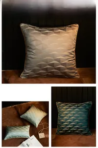 Detail of luxury European jacquard cushion covers with triangle patterns and gold piping