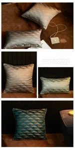 Detail of European jacquard cushion with 3D geometric triangles and gold rope piping