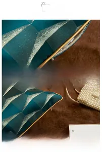 Macro detail of dark green jacquard pillowcase with gold geometric patterns and piping