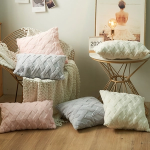 Nordic plush pillow covers with geometric weave in pink, grey and cream white colors