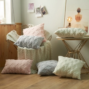 Nordic geometric plush throw pillow covers in pink, grey and white for sofa decor