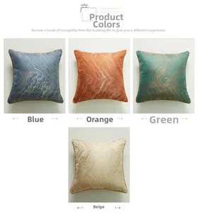 Detail view of jacquard pillow covers in blue, orange, green, and beige with gold piping