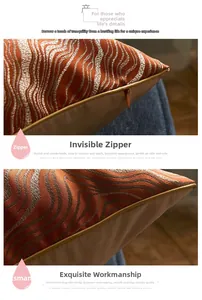 Detail of orange wave jacquard pillowcase with gold piping and hidden zipper