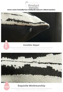 Detailed close-up of invisible zipper and fine stitching on black and white jacquard pillow cover