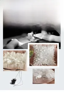 Detail of 3D leaf petal texture and invisible zipper on white satin pillow cover