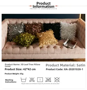 Detailed view of satin pillow covers with 3D leaf texture in multiple metallic colors