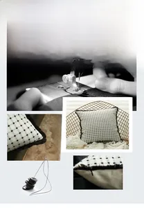 Detail of minimalist black and white jacquard pillow cover with fringe and button accents