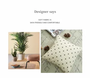 Detail of square cotton pillowcase featuring black X-pattern geometric print on beige fabric
