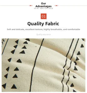 Close-up of bohemian geometric print on breathable cream cotton cushion cover fabric