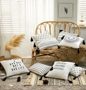 Cozy bohemian cotton canvas pillow covers with black fringe and geometric prints