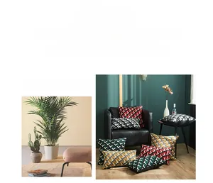 Detailed view of luxury geometric T-pattern cushion covers in multiple colors and sizes