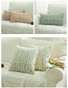Close-up of geometric Greek Key chenille pillow covers in various shapes and colors
