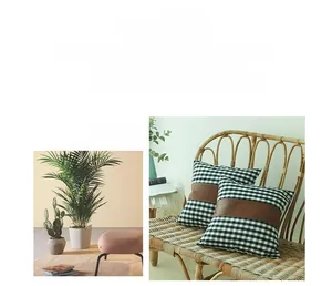 Detail of checkered pillow cover with brown faux leather patch and cozy lifestyle setup