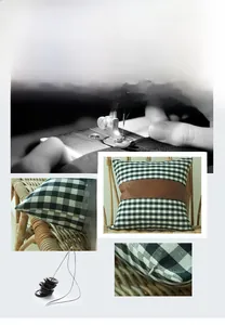 Detail of grid fabric and brown leather patchwork pillowcase with hidden zipper