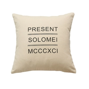 Minimalist cotton square pillowcase with black Solomei text print on beige fabric