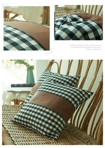 Detail of minimalist gingham cushion cover with center brown faux leather patchwork