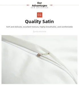 Detail of white satin pillowcase fabric texture with a smooth concealed zipper closure