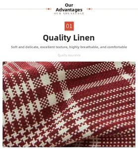 Detailed macro view of high-density red and white plaid linen fabric texture with soft fiber