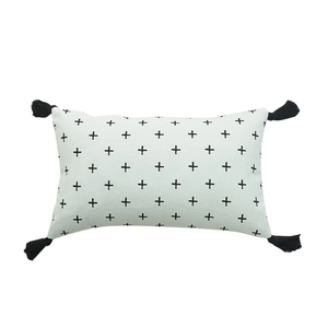Rectangular boho canvas pillow cover with black star print and tassel accents