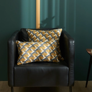 Set of two decorative rectangular pillow covers with geometric yellow and grey T-pattern