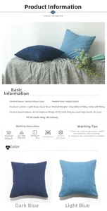 Detail of Nordic denim pillow covers with washing instructions and twill texture specs