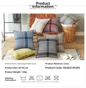 Detail of Nordic checkered linen cushion covers showing textured fabric and piped edges